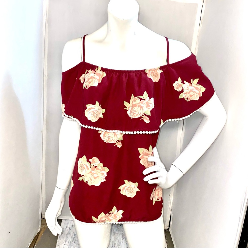 Cottagecore floral off the shoulder maroon blouse/tunic with ruffle size 3X